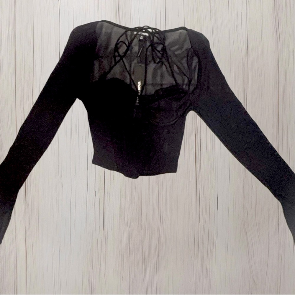 Regencycore Elegant Black Sheer Long Sleeve Malia Mesh Corset Top - Black/combo